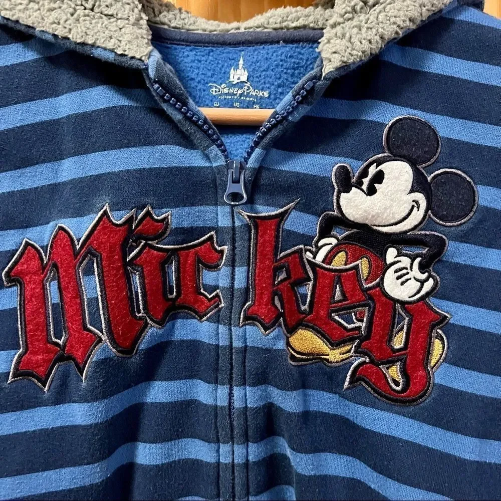 Disney Parks blue striped Mickey fleece lined hood full zip zipper jacket coat M